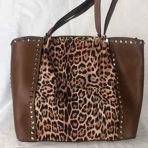 Studded brown and animal print handbag